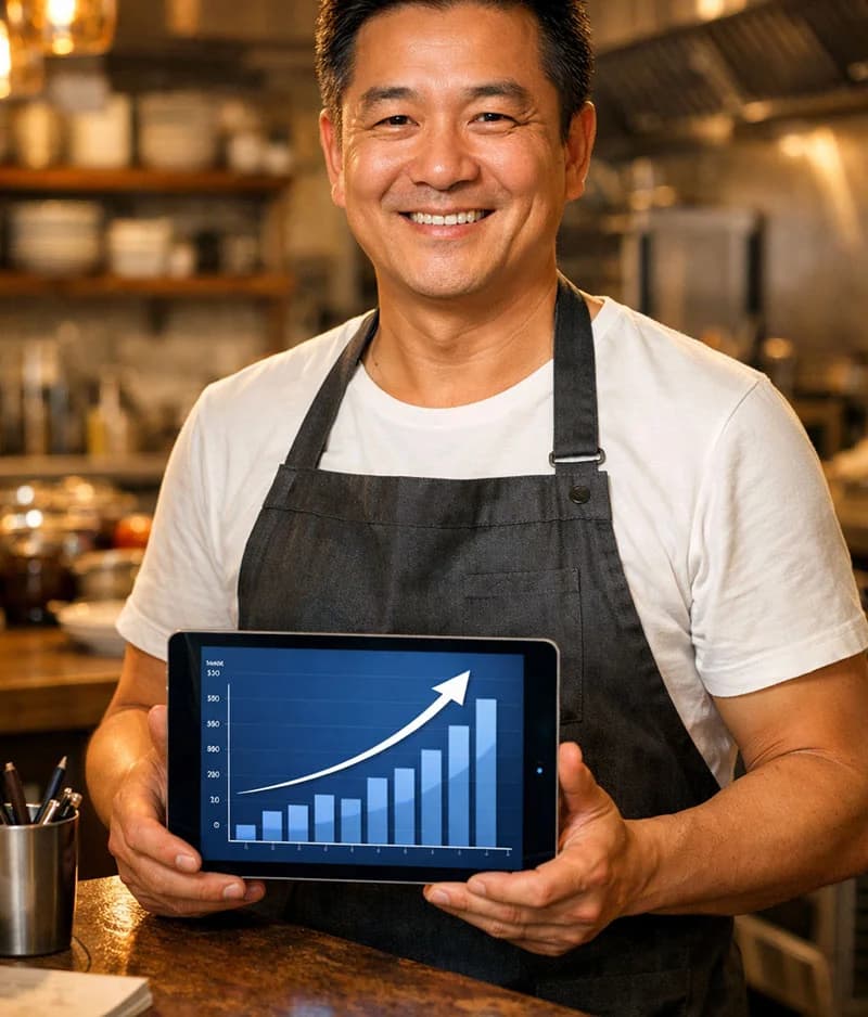 Happy restaurant owner with zero commission fees